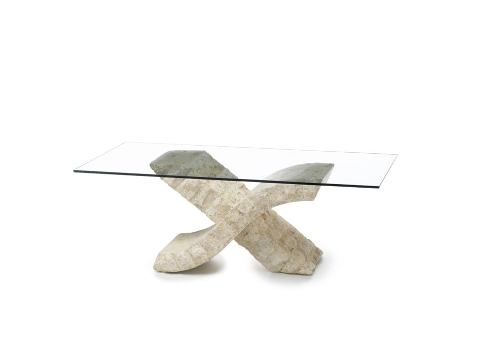 Fossil Stone Coffee Table with Tempered Glass Top - Isabel Viadurini