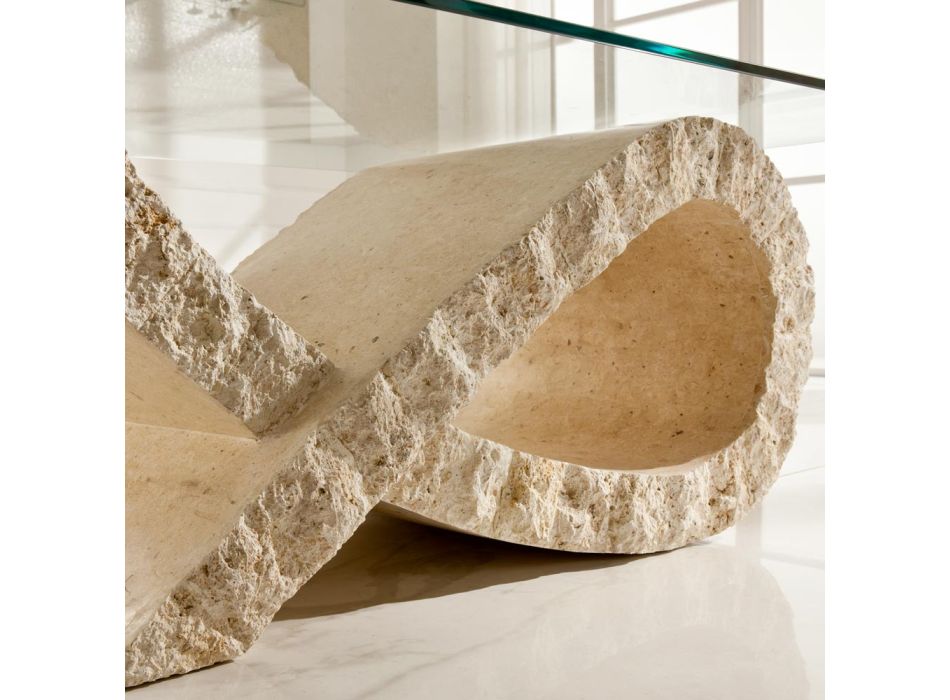 Fossil Stone Coffee Table with Transparent Glass Top - Kansas Viadurini