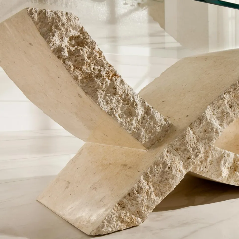 Fossil Stone Coffee Table with Transparent Glass Top - Kansas Viadurini