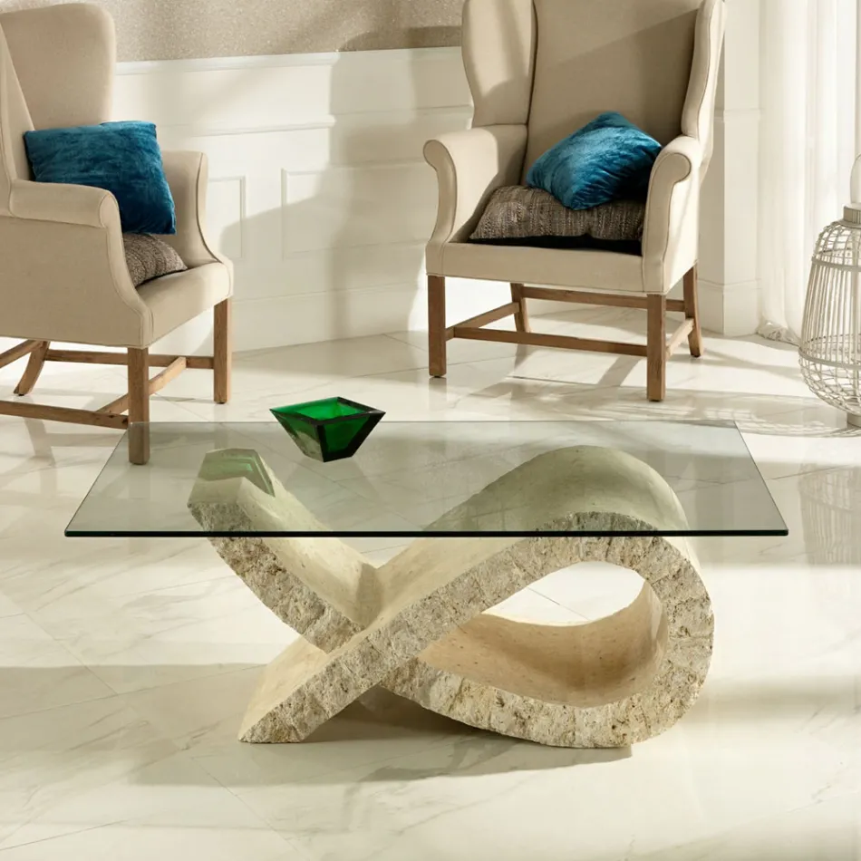 Fossil Stone Coffee Table with Transparent Glass Top - Kansas Viadurini