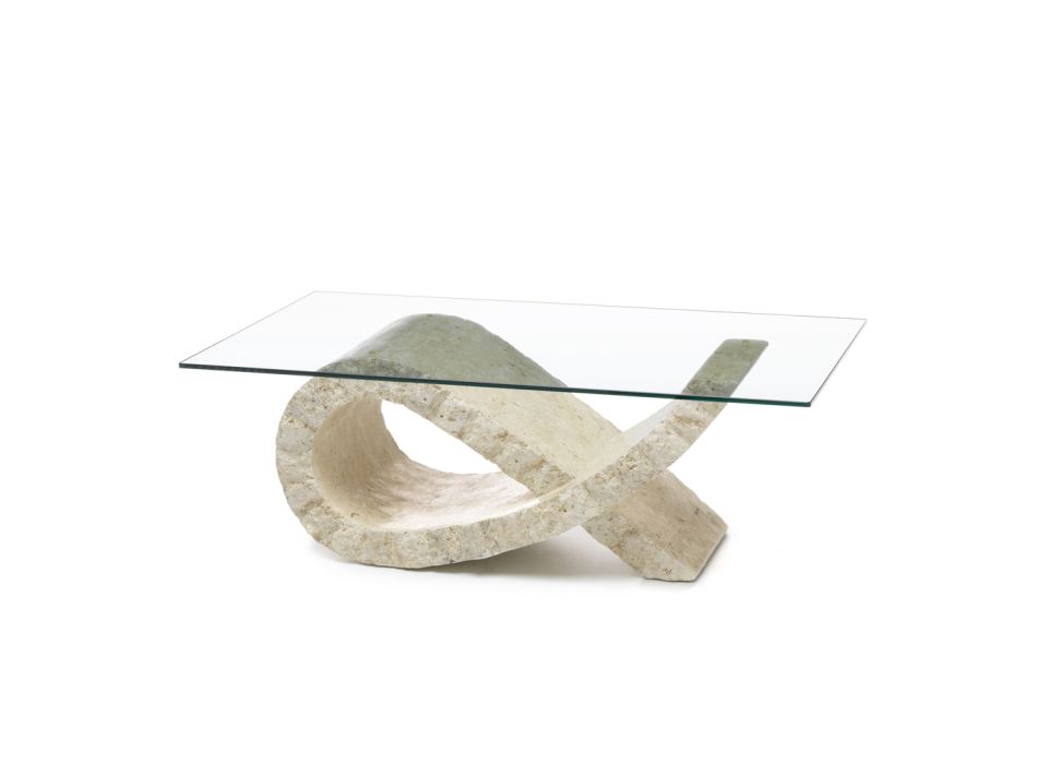 Fossil Stone Coffee Table with Transparent Glass Top - Kansas Viadurini