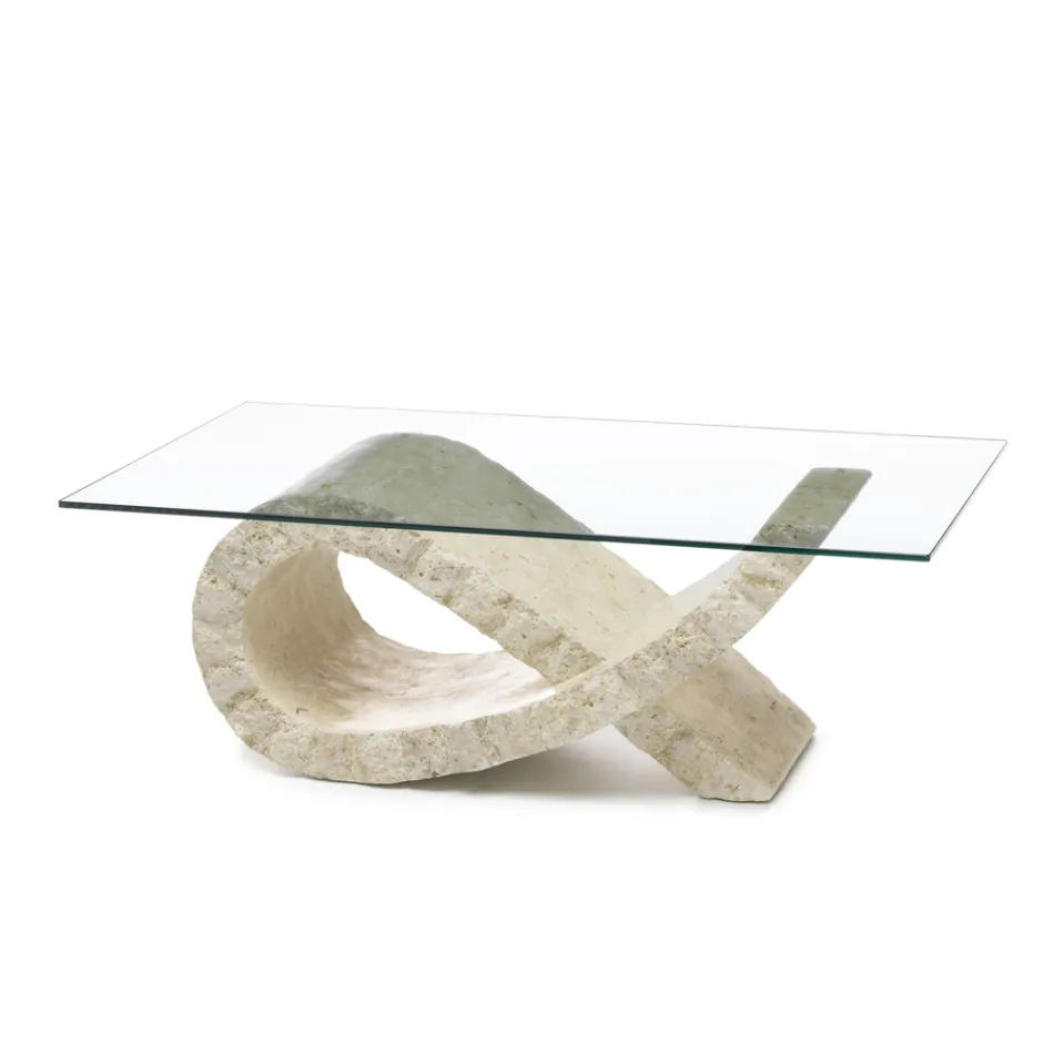 Fossil Stone Coffee Table with Transparent Glass Top - Kansas Viadurini