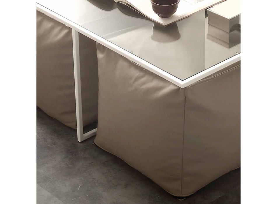 Glass coffee table with 4 Lula eco-leather poufs Viadurini