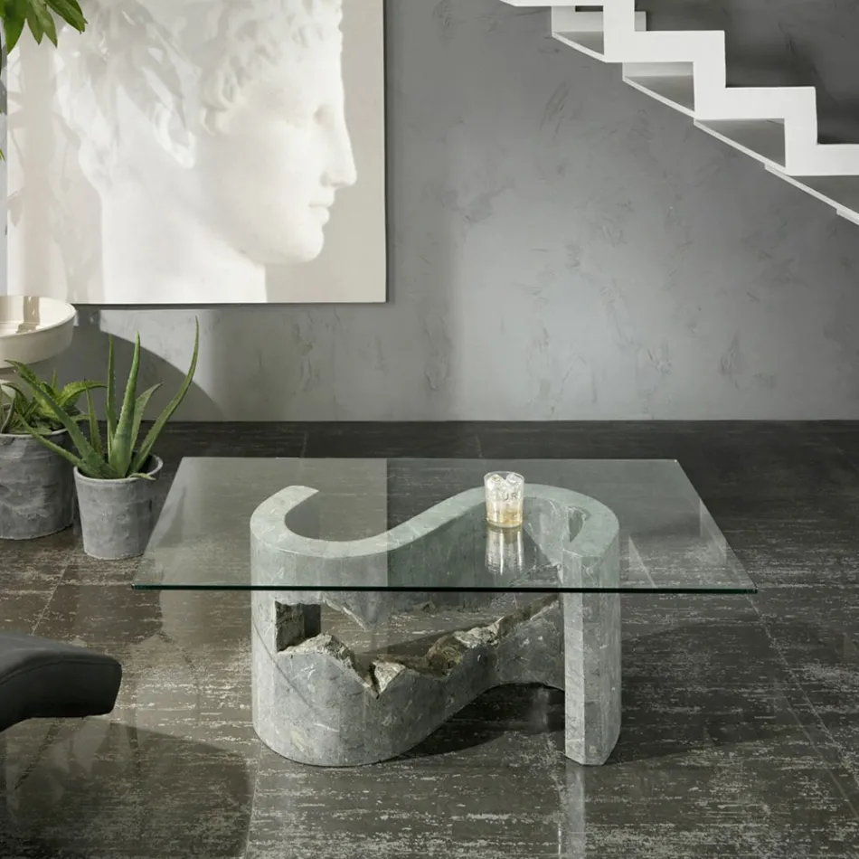 Tempered Glass Coffee Table with Fossil Stone Base - Jordan Viadurini