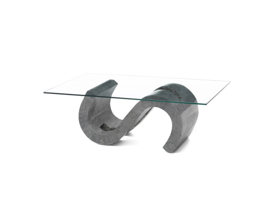 Tempered Glass Coffee Table with Fossil Stone Base - Jordan Viadurini