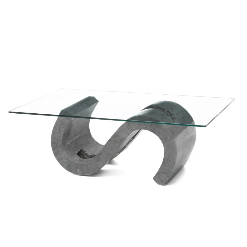 Tempered Glass Coffee Table with Fossil Stone Base - Jordan Viadurini