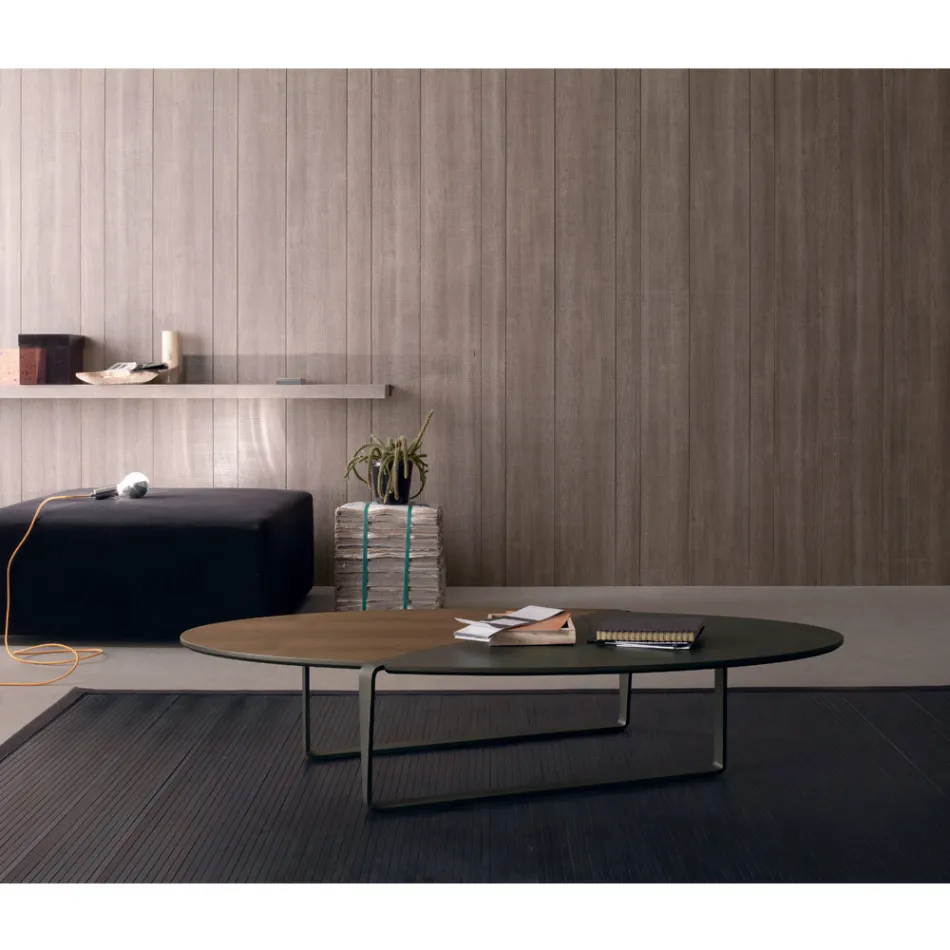 Oval Coffee Table in Metal and Two-Tone Wood Top - Comacchio Viadurini