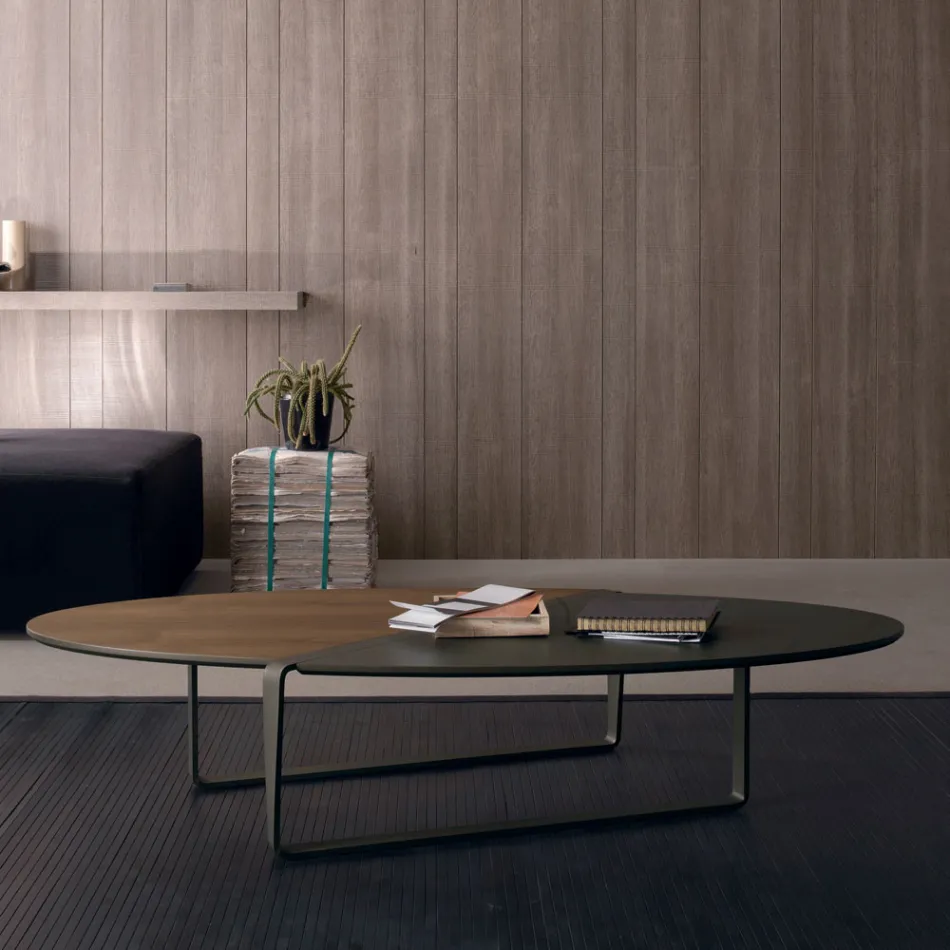 Oval Coffee Table in Metal and Two-Tone Wood Top - Comacchio Viadurini