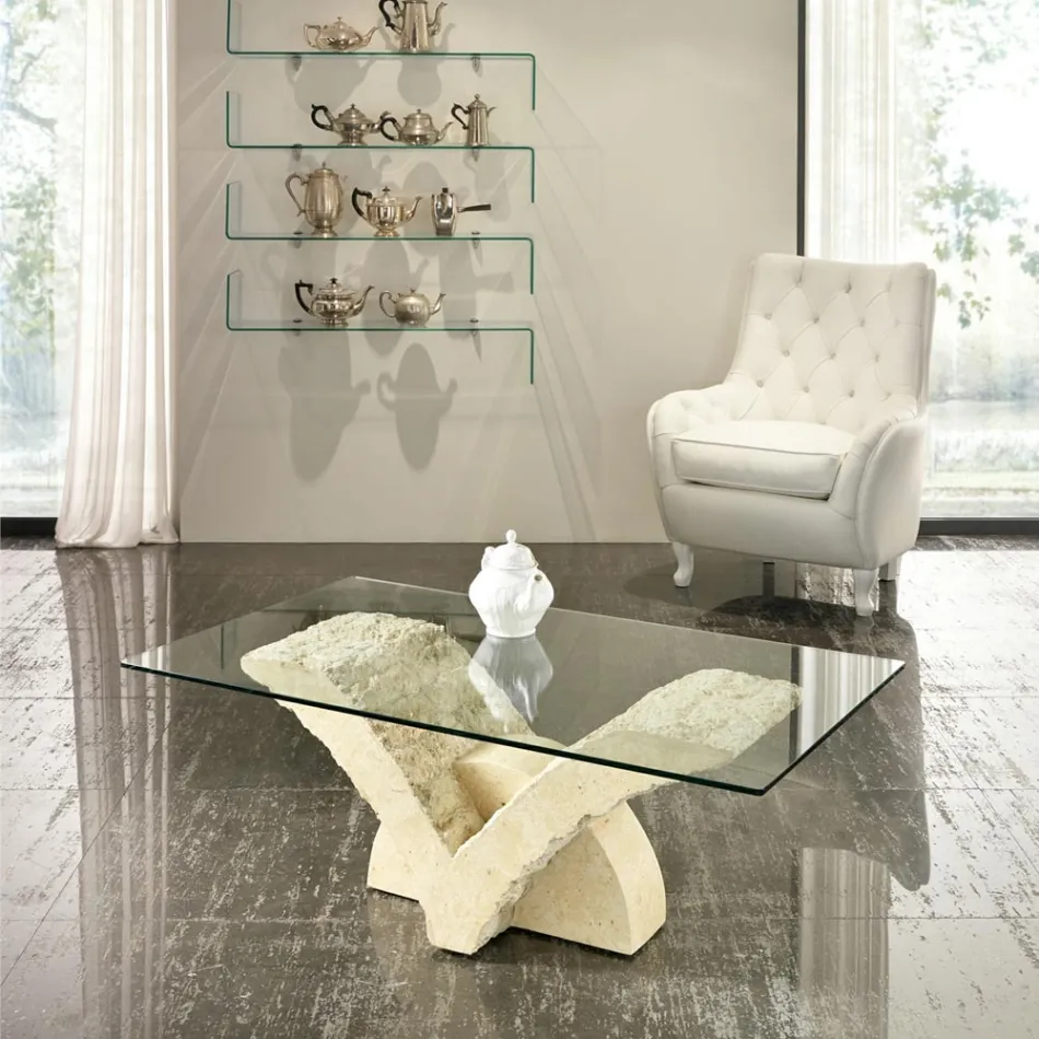 Rectangular Coffee Table with White Fossil Stone Base - Gardenia Viadurini