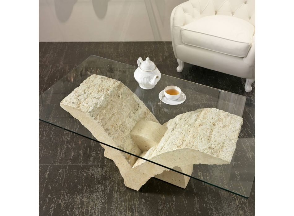 Rectangular Coffee Table with White Fossil Stone Base - Gardenia Viadurini