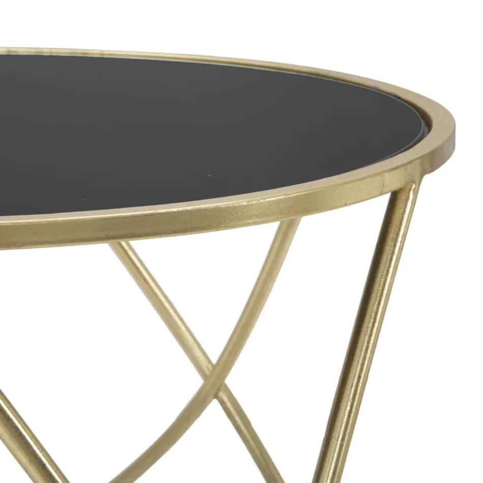 Round Coffee Table in Black Glass and Gold Finish Iron - Rebel Viadurini