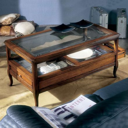 Living room coffee table with glass top and 2 drawers Made in Italy - Xipe Viadurini