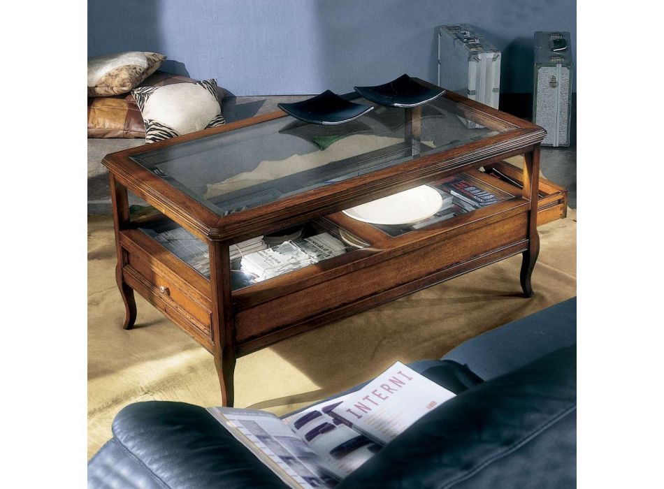 Living room coffee table with glass top and 2 drawers Made in Italy - Xipe Viadurini