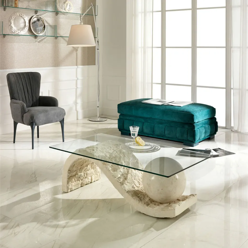 Living Room Coffee Table Glass Top with Fossil Stone Base - Sphere Viadurini