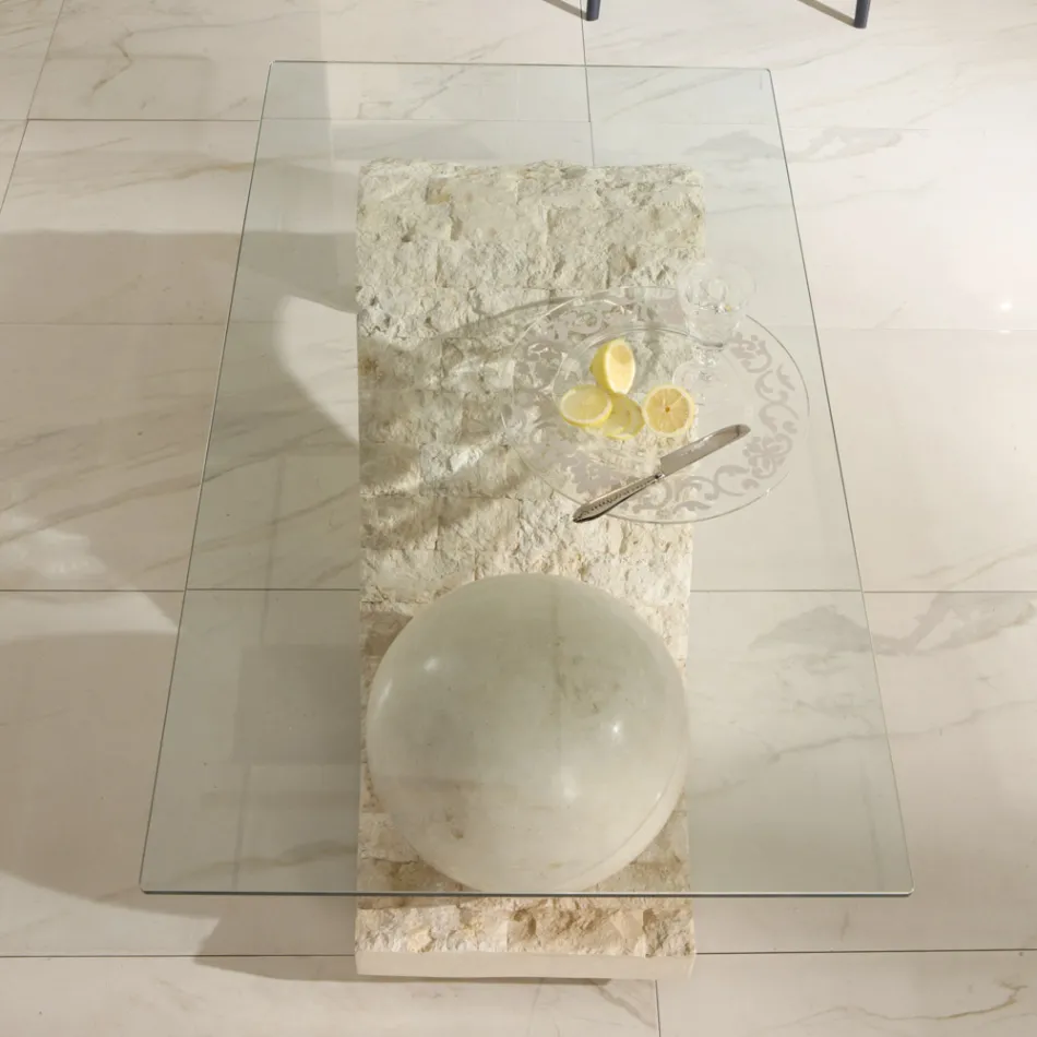 Living Room Coffee Table Glass Top with Fossil Stone Base - Sphere Viadurini