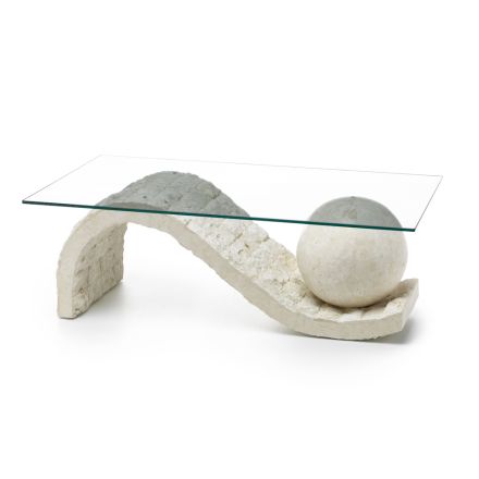 Living Room Coffee Table Glass Top with Fossil Stone Base - Sphere Viadurini