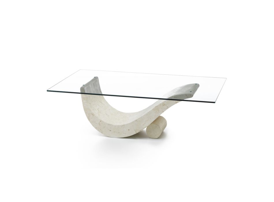 Modern Design Coffee Table with Glass Top and Fossil Stone Base - Refill Viadurini