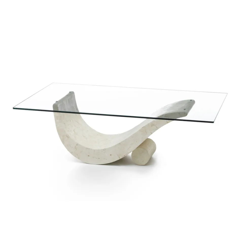 Modern Design Coffee Table with Glass Top and Fossil Stone Base - Refill Viadurini