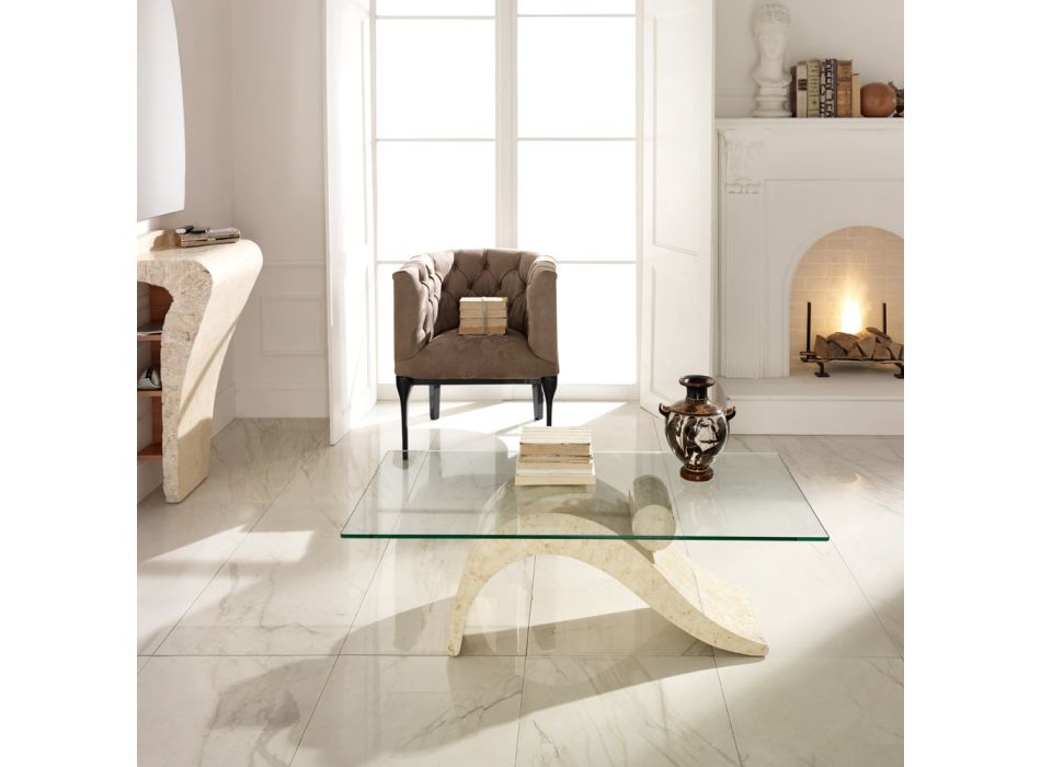 Modern Design Coffee Table with Glass Top and Fossil Stone Base - Refill Viadurini