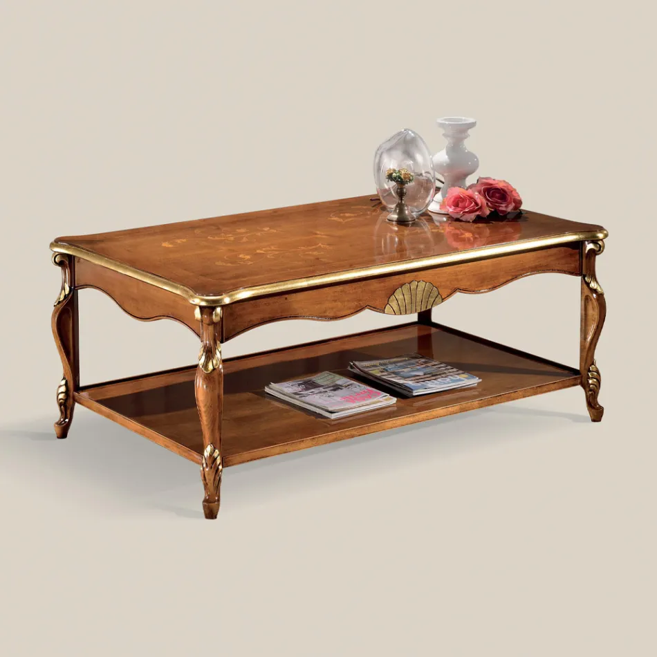 Luxury Walnut Wood and Gold Inlaid Coffee Table Made in Italy - Cambrige Viadurini