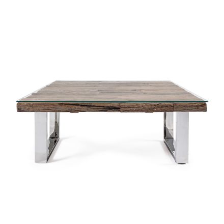 Coffee Table in Recycled Wood and Glass Legs in Steel Homemotion - Gnomea Viadurini