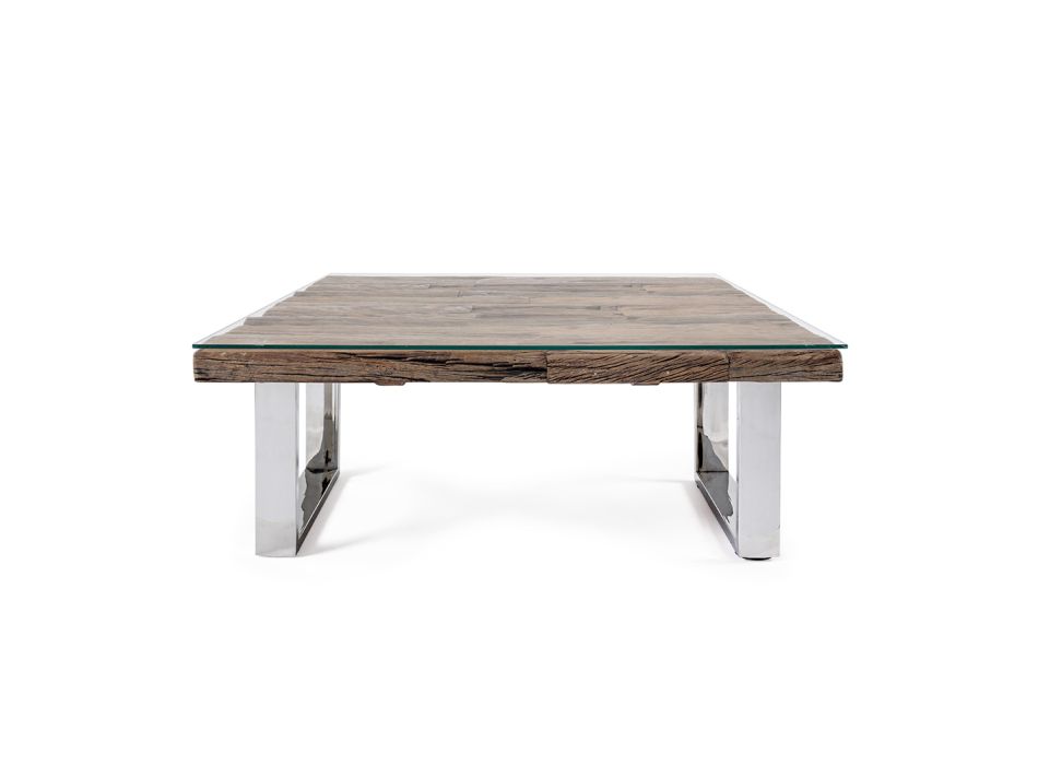 Coffee Table in Recycled Wood and Glass Legs in Steel Homemotion - Gnomea Viadurini