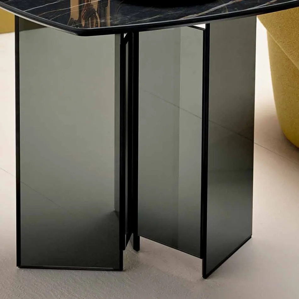 Sofa Side Table for Living Room with Ceramic Top and Smoked Glass - Random Viadurini