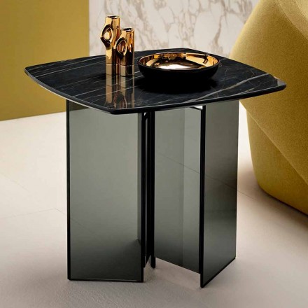 Sofa Side Table for Living Room with Ceramic Top and Smoked Glass - Random Viadurini