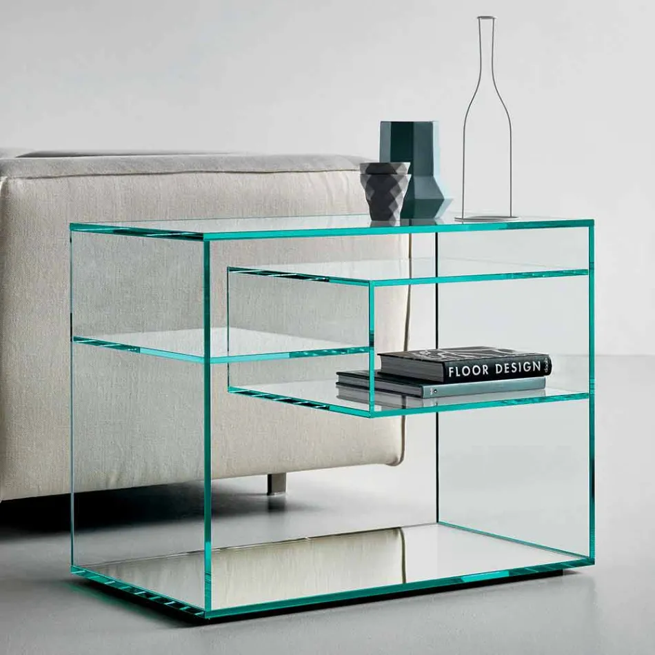Sofa Side Coffee Table or Bedside Table in Extra-clear Glass Mirror Base - Linzy Viadurini