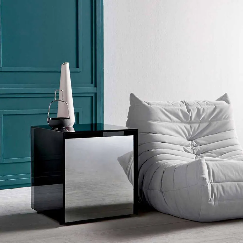 Sofa Side Table or Bedside Table in Smoked Glass with Wooden Drawer - Mantra Viadurini