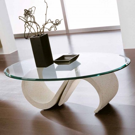 Oval Coffee Table in Beveled Glass and Synthetic Marble Made in Italy - Barbera Viadurini