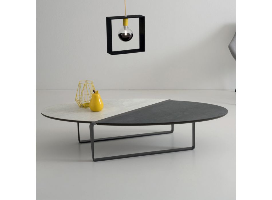 Oval Living Room Metal Coffee Table and Two-Tone Ceramic Top - Comacchio Viadurini