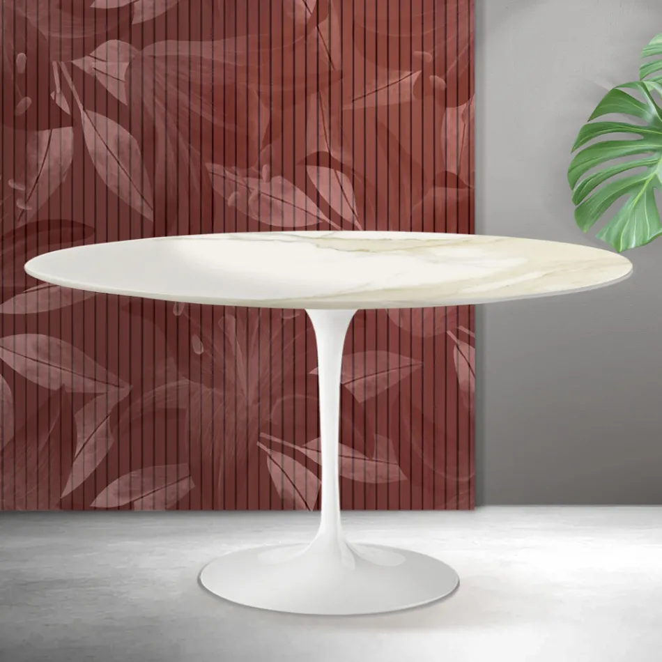 Saarinen Tulip Oval Coffee Table H 41 cm in Florim Calacatta Gold Matt Ceramic - Scarlet Viadurini