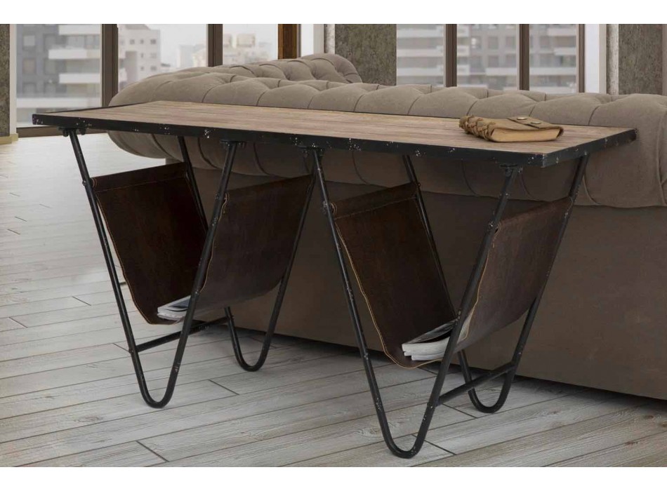 Design Newspaper Table in Iron Wood and Eco-leather - Marilena Viadurini