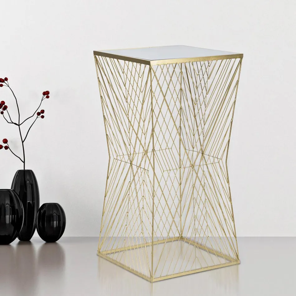 Telephone table in golden iron and mirrored glass top - Olivia Viadurini
