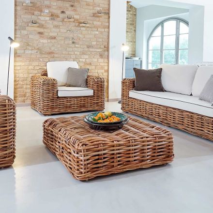 Garden Coffee Table-Pouf in Natural Rattan with Cushion Included - Keira Viadurini