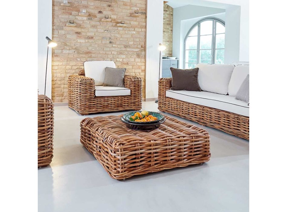 Outdoor Coffee TablePouf in Natural Rattan with Cushion