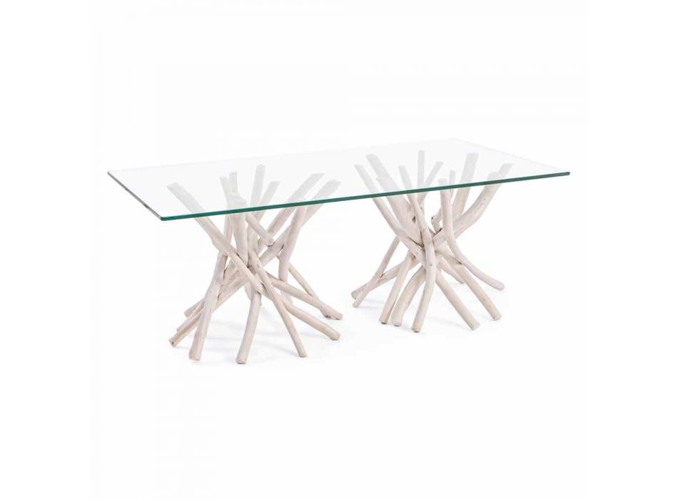 Coffee Table with Tempered Glass Top and Homemotion Teak Base - Teak Viadurini