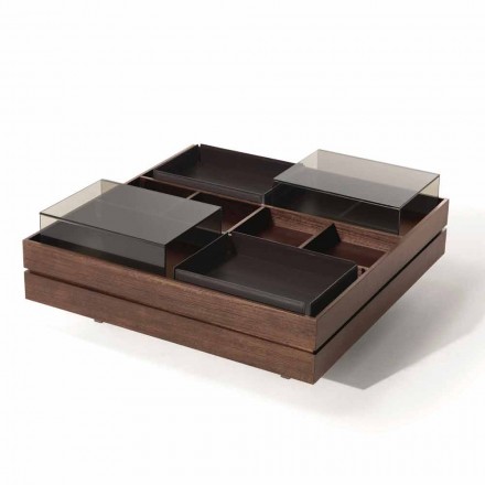 Coffee Table in Wood with Details in Glass and Leather Made in Italy - Ermano Viadurini
