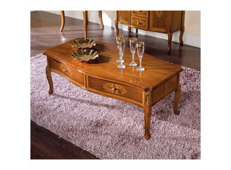 Coffee Table in Inlaid Walnut Wood and 2 Drawers