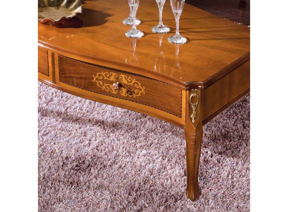 Coffee Table in Inlaid Walnut Wood and 2 Drawers