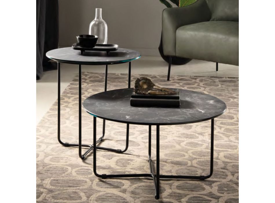 Round Coffee Table in Marble Effect Glass Made in Italy - Miguel Viadurini