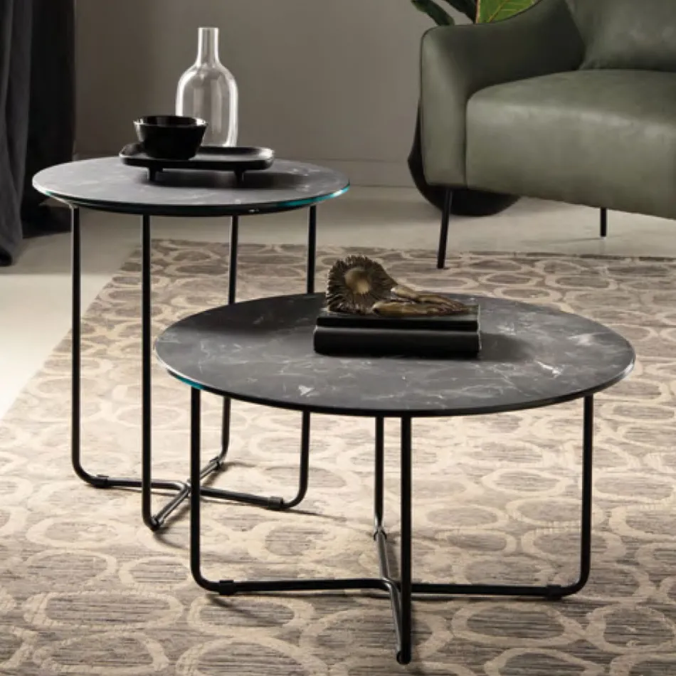 Round Coffee Table in Marble Effect Glass Made in Italy - Miguel Viadurini