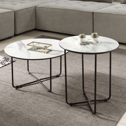 Round Coffee Table in Marble Effect Glass Made in Italy - Miguel Viadurini