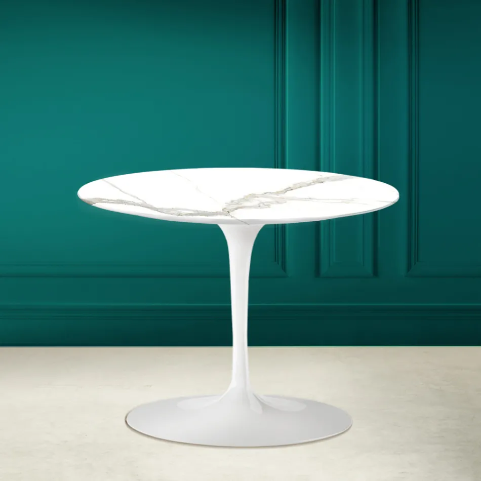 Tulip Coffee Table Eero Saarinen H 41 in Calacatta Michelangelo Ceramic Viadurini