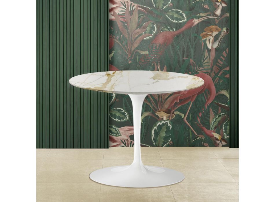 Tulip Saarinen Coffee Table H 41 with Round Caracatta Gold Marble Top Viadurini