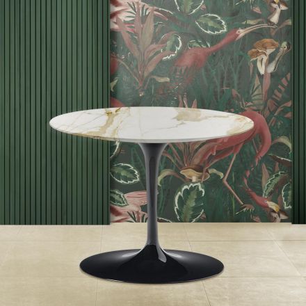 Tulip Saarinen Coffee Table H 41 with Round Caracatta Gold Marble Top Viadurini
