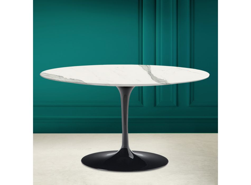 Tulip Saarinen H 41 Oval Coffee Table with Full Vein Statuary Ceramic Top Viadurini