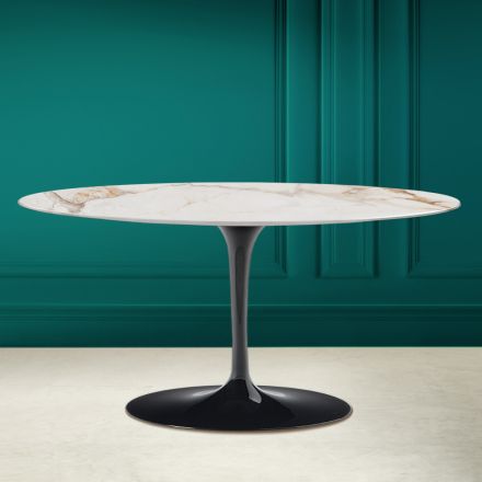 Tulip Saarinen H 41 Oval Coffee Table in Calacatta Antique White Ceramic Viadurini