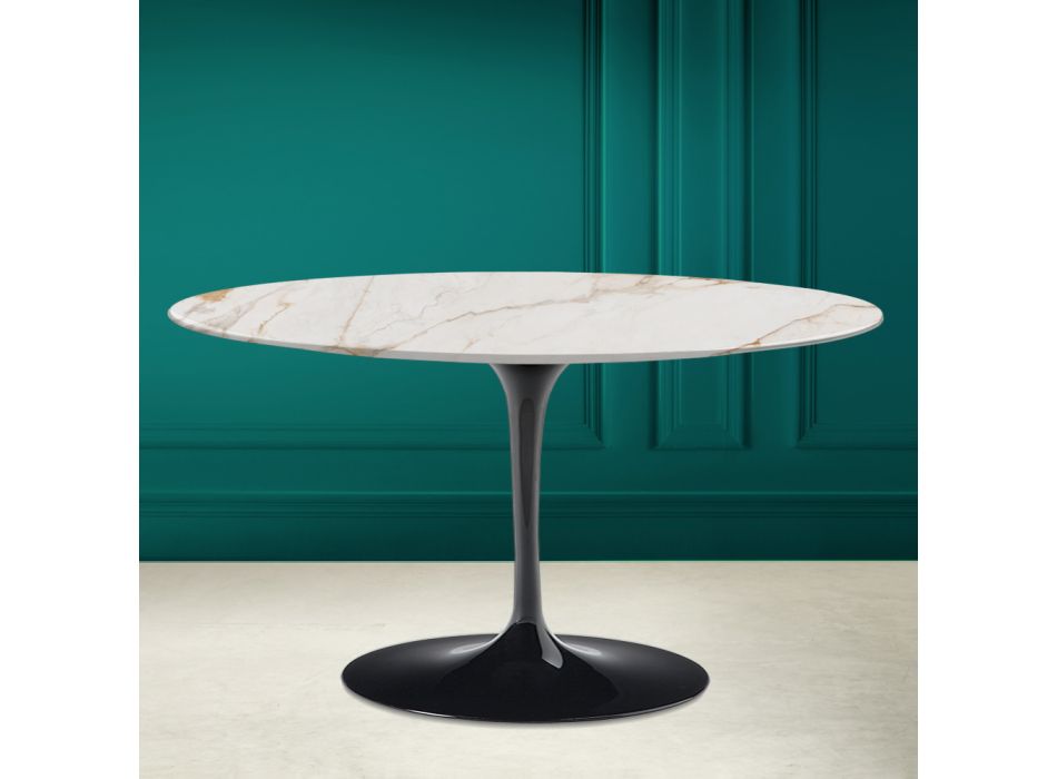 Tulip Saarinen H 41 Oval Coffee Table in Calacatta Antique White Ceramic - Scarlet Viadurini